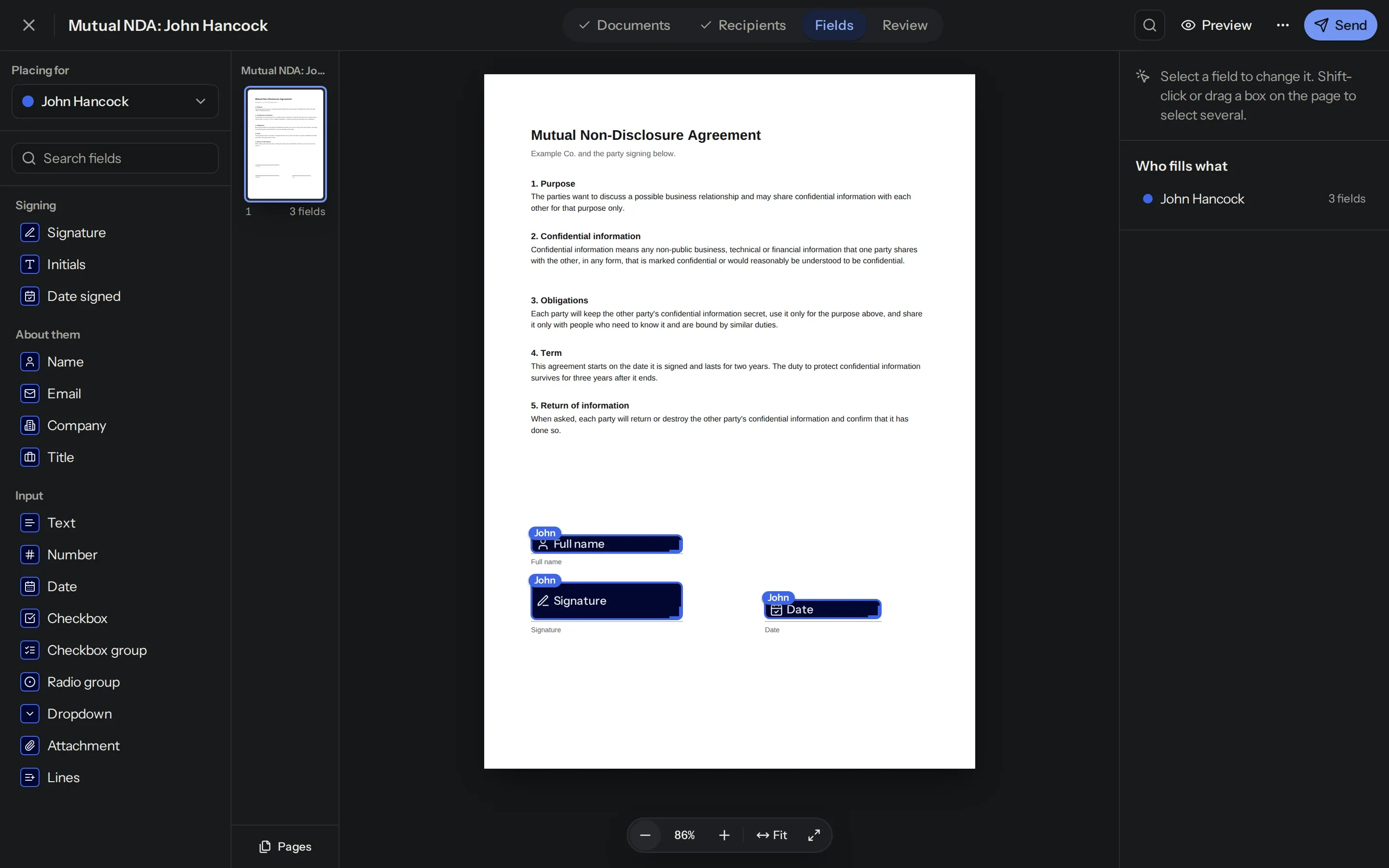 Placing fields on an NDA in eSignStack: the field list on the left, the page in the middle, Send at the top.