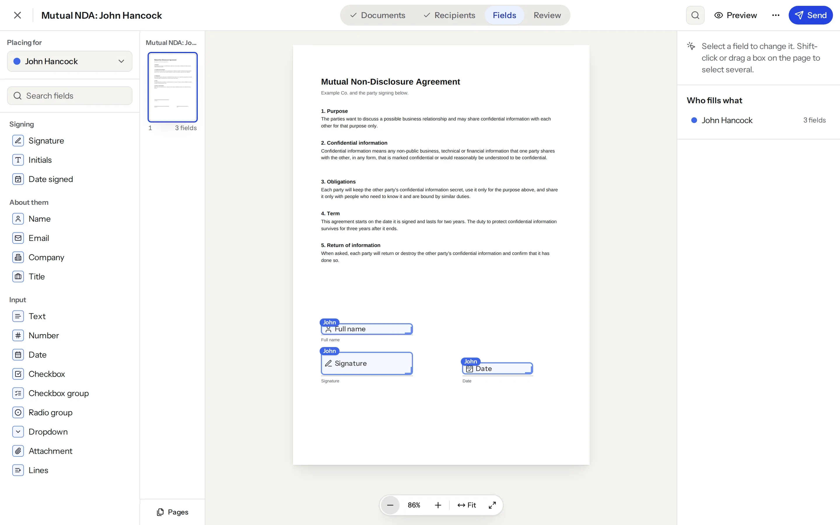 Placing fields on an NDA in eSignStack: the field list on the left, the page in the middle, Send at the top.