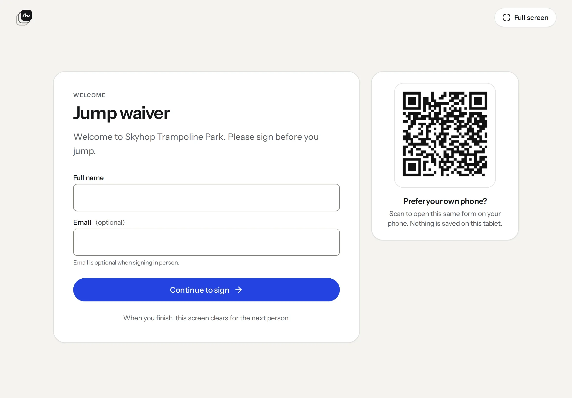 A jump waiver for Skyhop Trampoline Park open as a kiosk on a tablet, with a QR code to sign on your own phone.