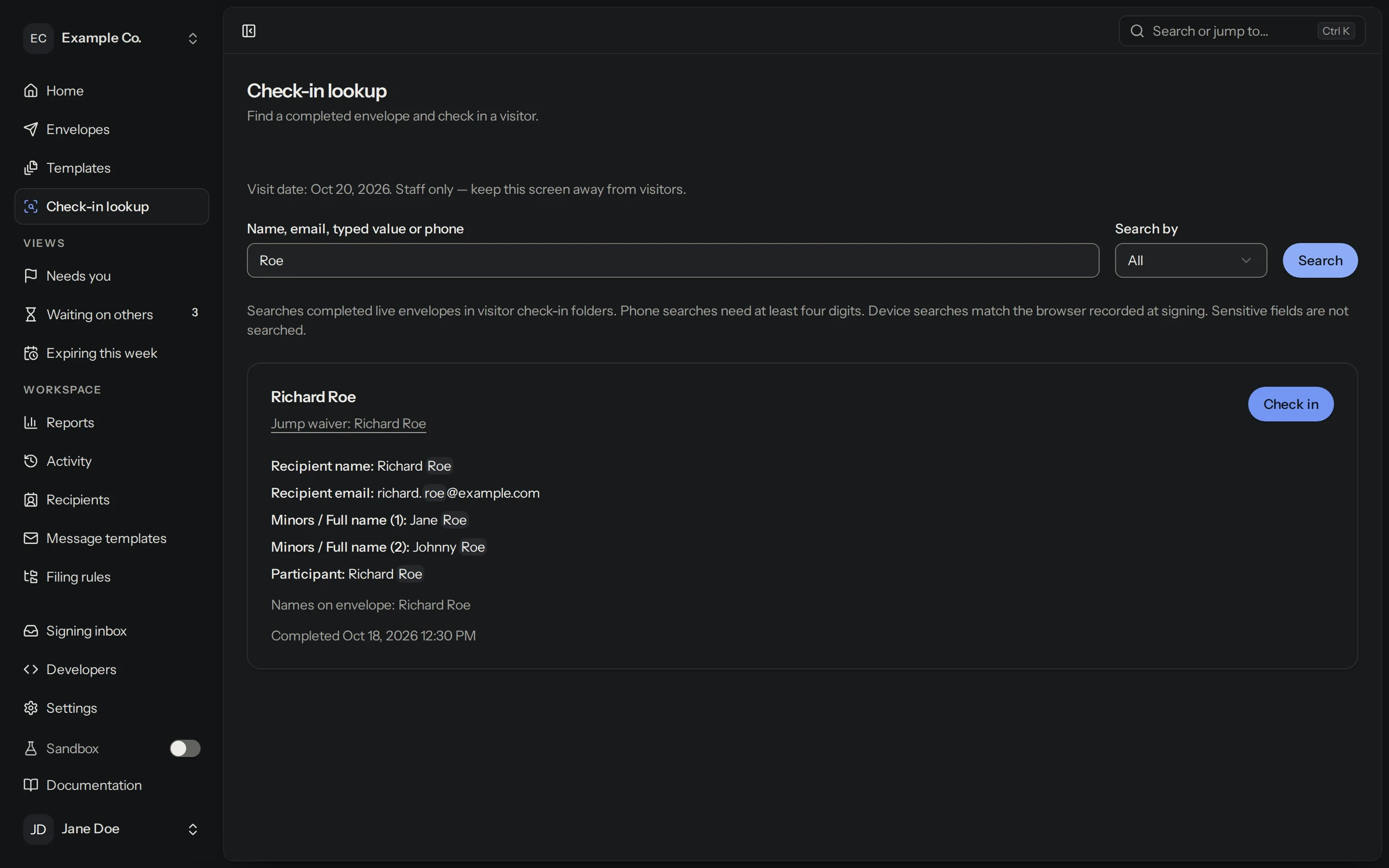 Kiosk lookup: a search finds a signed jump waiver with the parent and both children, and a Check in button.