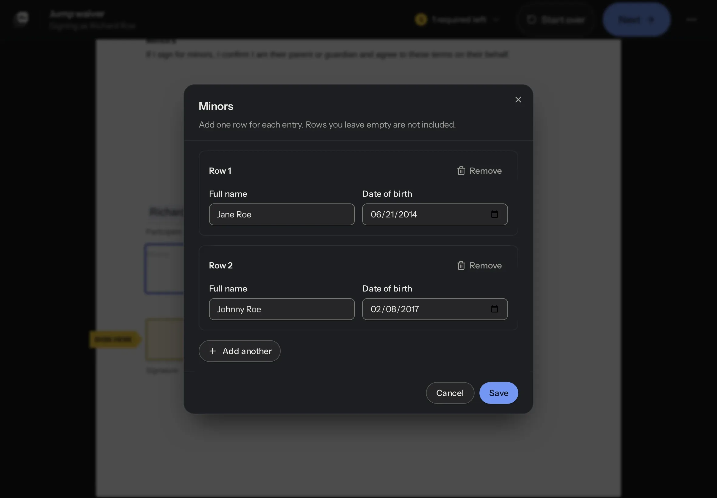 The Minors dialog on a tablet, over a jump waiver: a row for each child with full name and date of birth.