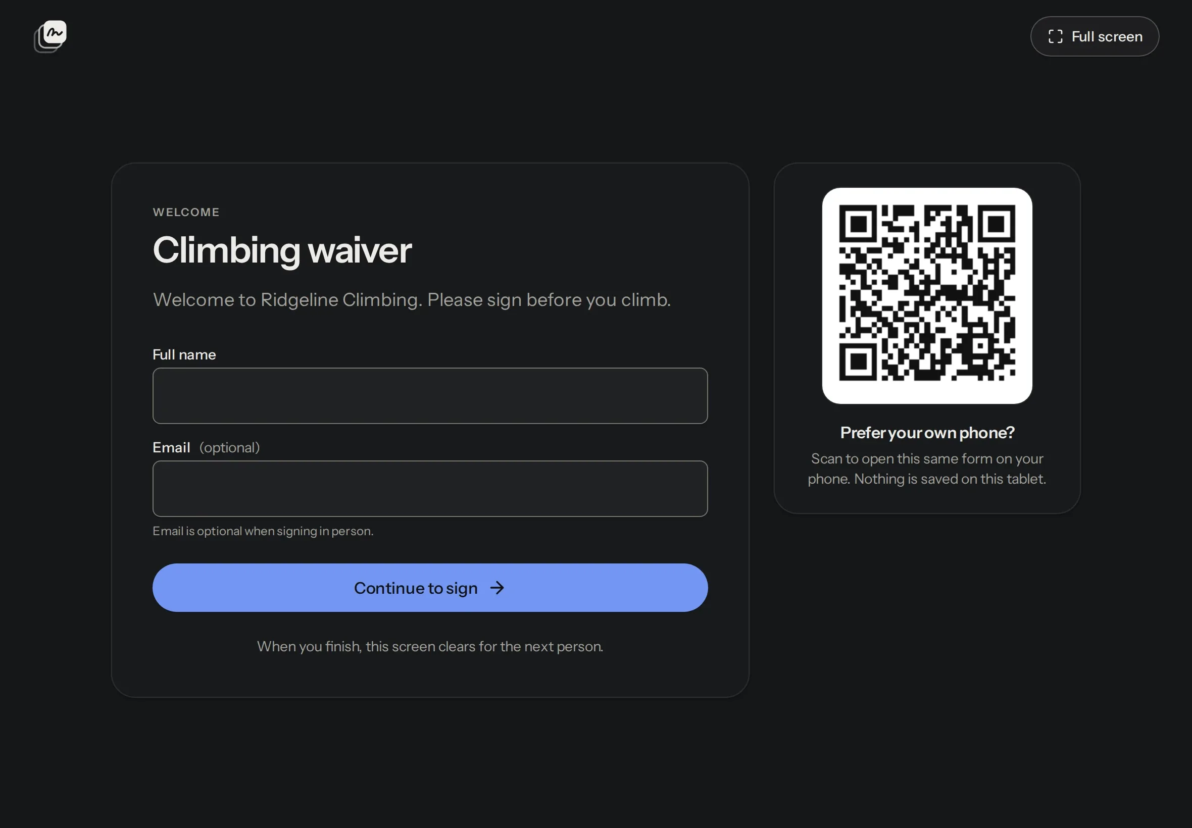 A climbing waiver for Ridgeline Climbing open as a kiosk on a tablet, with a QR code to sign on your own phone.