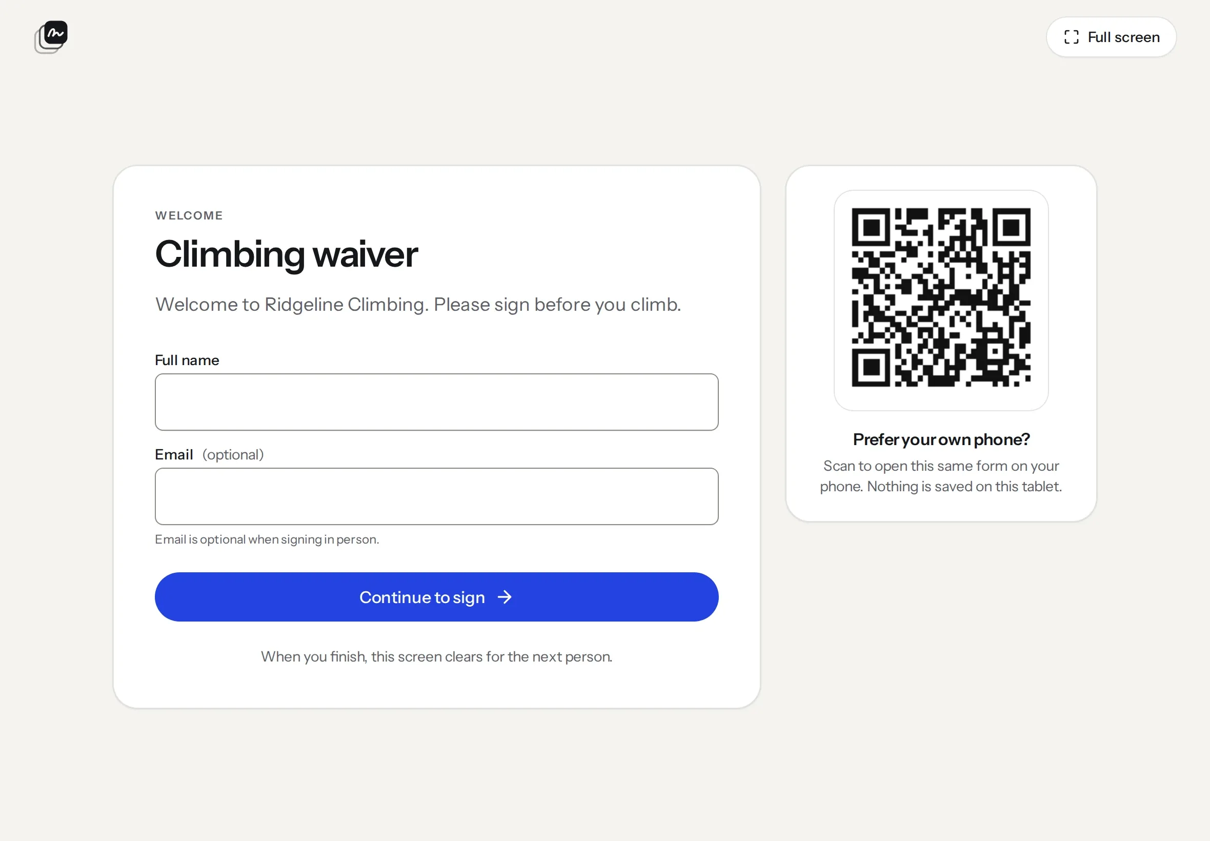 A climbing waiver for Ridgeline Climbing open as a kiosk on a tablet, with a QR code to sign on your own phone.