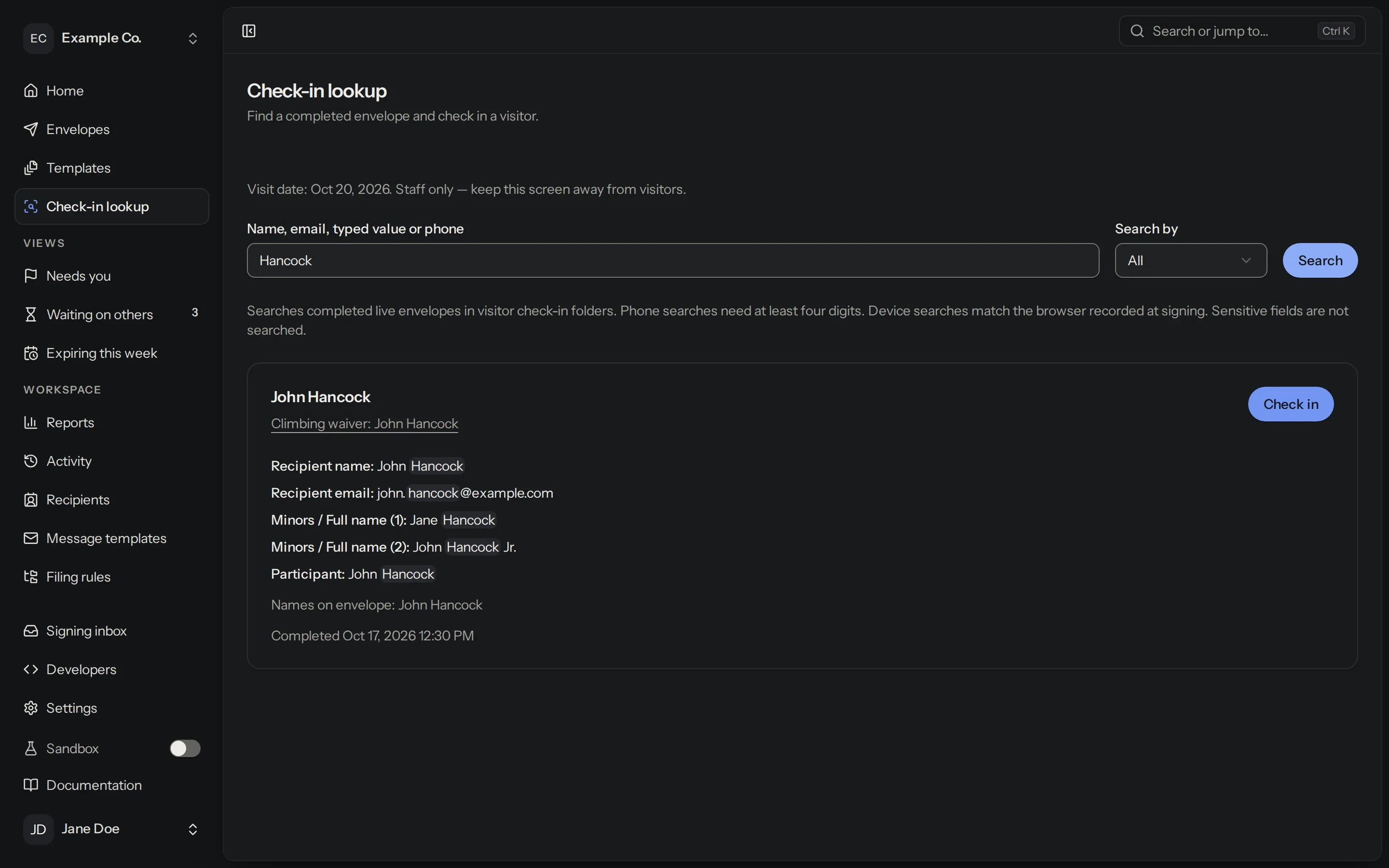 Kiosk lookup: a search finds a signed climbing waiver with the parent and both children, and a Check in button.