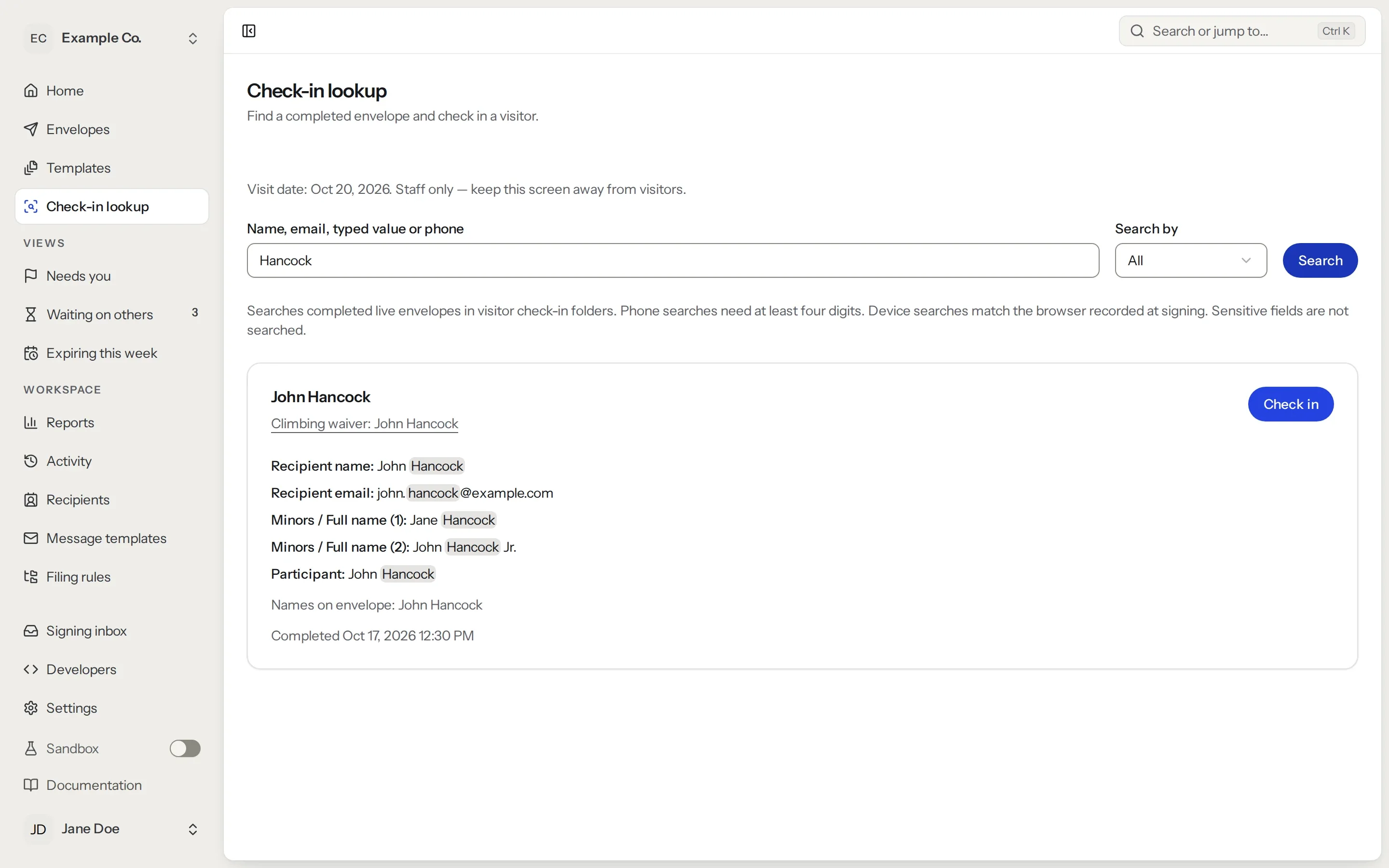 Kiosk lookup: a search finds a signed climbing waiver with the parent and both children, and a Check in button.