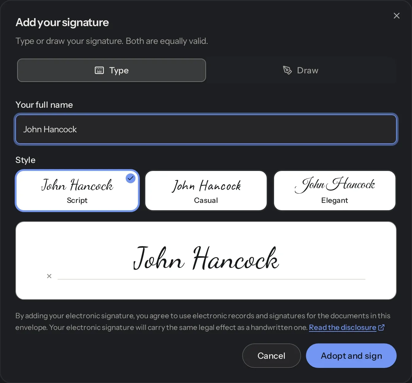 The Add your signature dialog with John Hancock typed in a script style.