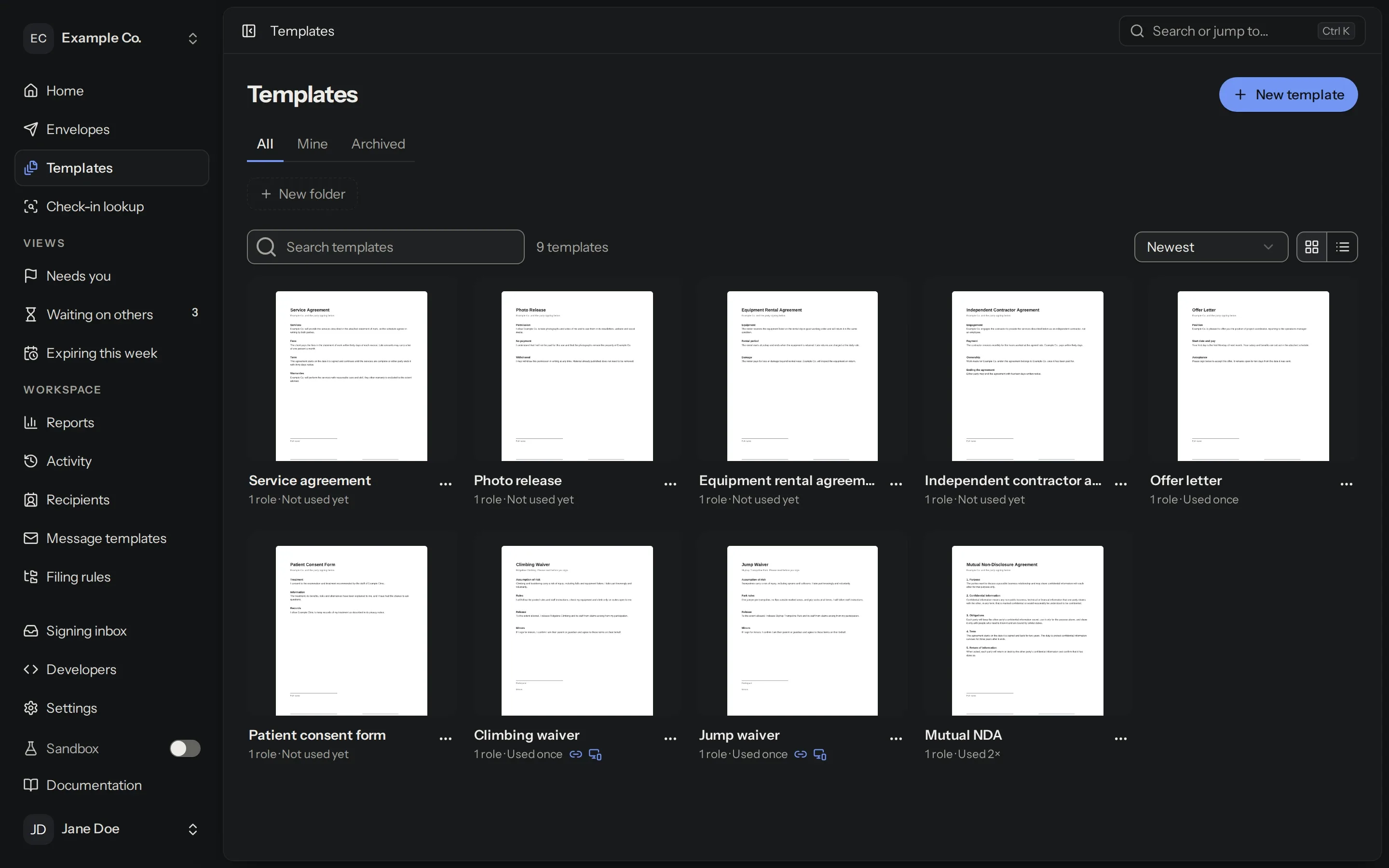 The Templates page with an NDA, a climbing waiver, an offer letter and six more templates.