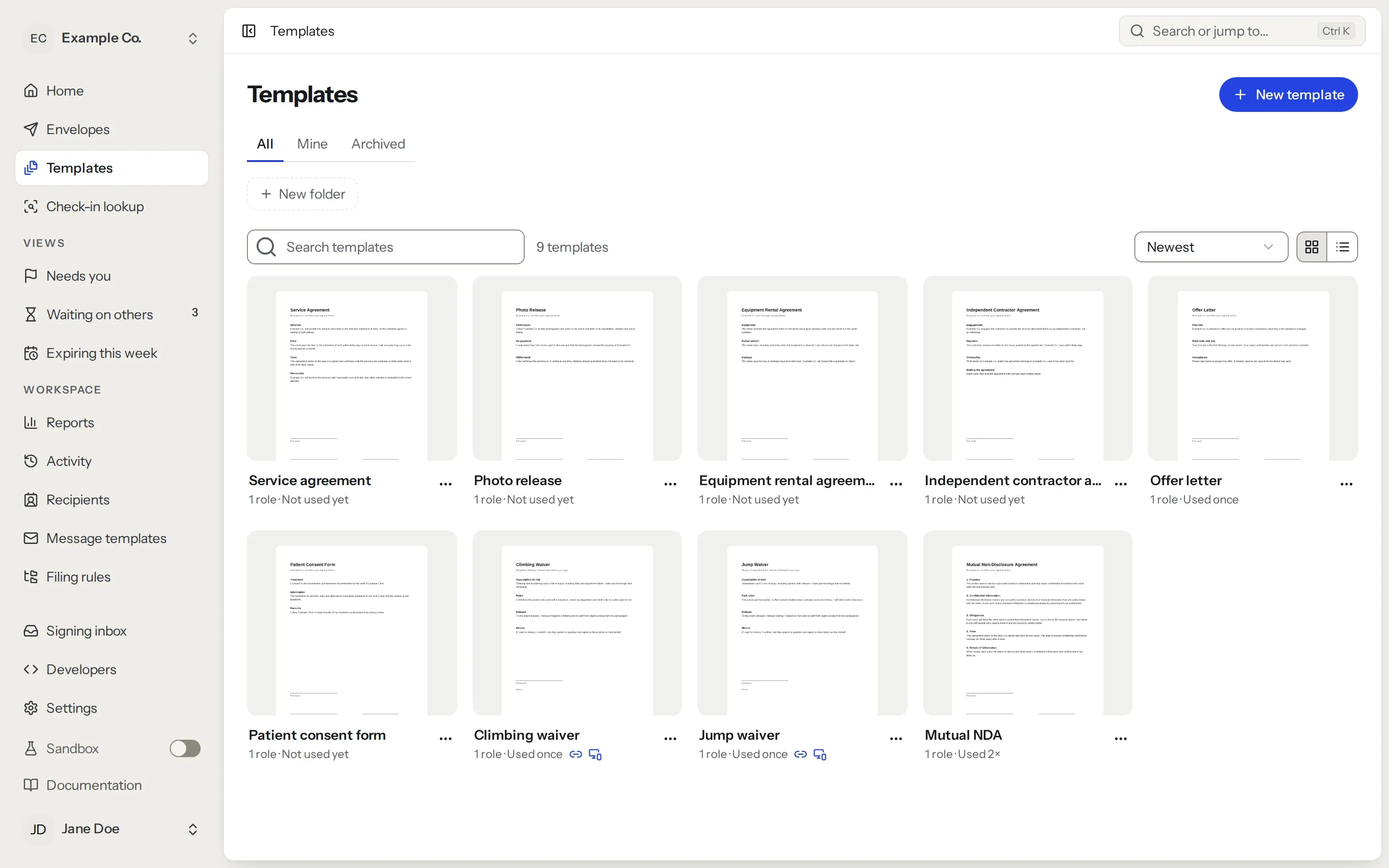 The Templates page with several saved templates